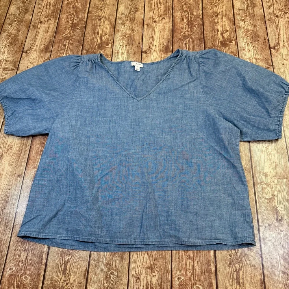 J.Crew V-Neck Puff Sleeve Blouse Womens Large Blue Chambray Cotton Top